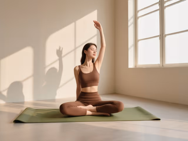 Woman in brown activewear meditating on a green yoga mat in a sunlit room 長続きする large windows.